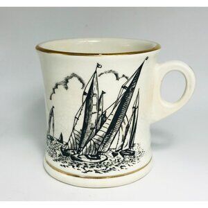 Brooks Brothers England Antique Shaving Mug Ship Scene Gold Trim Black White